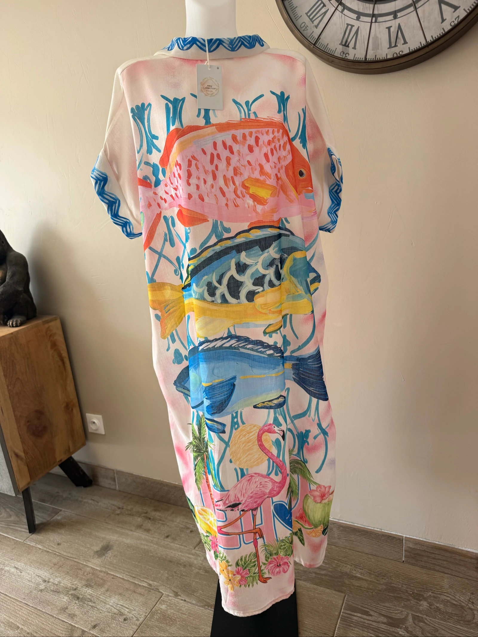 Vestido camisa oversized Made in Italy linho e algodão flamingos rosa tendência - Tamanho 40 a – photo 2